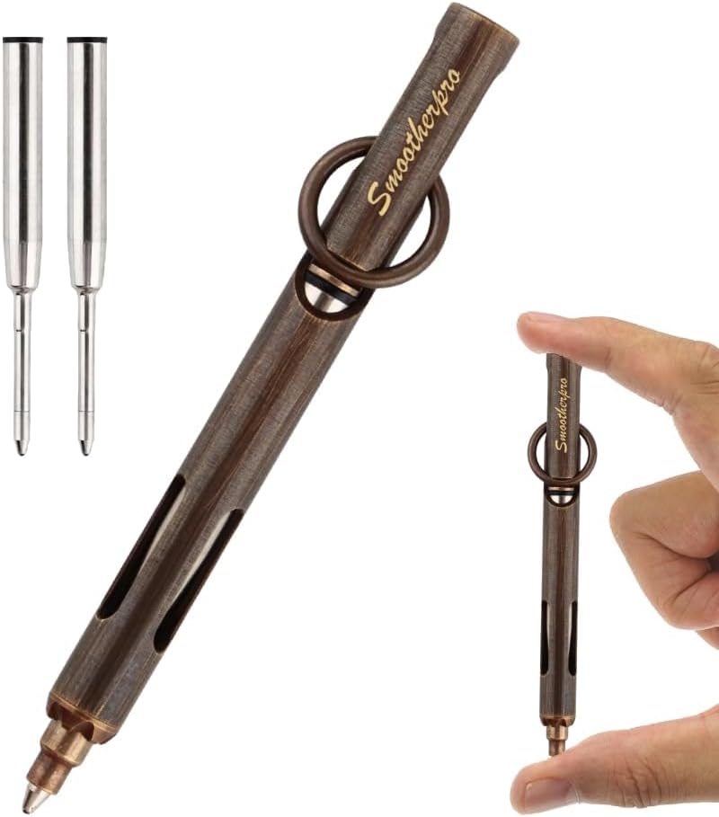 SMOOTHERPRO Mini Pen, Brass EDC Pocket Pen with Keychain, 80mm in Lenth Small for Travel, Wallet, Includes 2 Refill Cartridges - Retro Black - Image 1